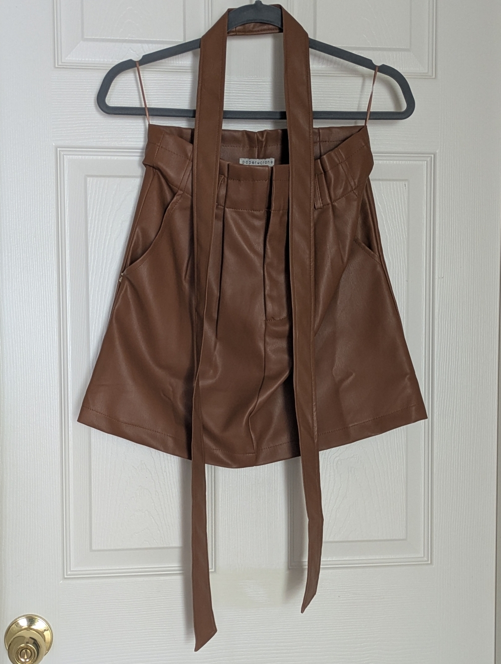 Faux Leather Mini Skirt Paper Crane with Belt and Pockets Small